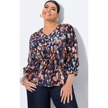 Dámská halenka Ulla Popken, Plus size Halenka, vzorovaná, řasící stuha, výstřih do V, 3/4 rukávy pro plnoštíhlé nadměrná velikost, 841895770-1131, modrý, 54/56, Nadměrné velikosti, Plus size oblečení, Oblečení pro boubelky, Oblečení pro baculky, Oblečení pro plnoštíhlé,