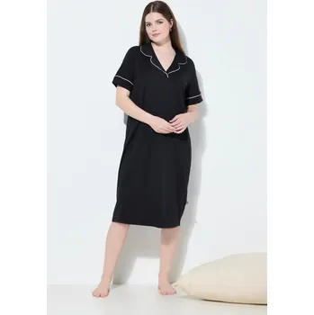 Dámská noční košile Ulla Popken, Plus size Noční košile, ozdobná lemovka, klopový límec, krátké rukávy pro plnoštíhlé nadměrná velikost, 835400100-1130, černý, 50/52, Nadměrné velikosti, Plus size oblečení, Oblečení pro boubelky, Oblečení pro baculky, Oblečení pro plnoštíhlé