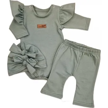Body s volánky, legíny do zvonu a čepička, 3D, bavlna, olivová, vel. 86, Velikost koj. oblečení 80 (9-12m)