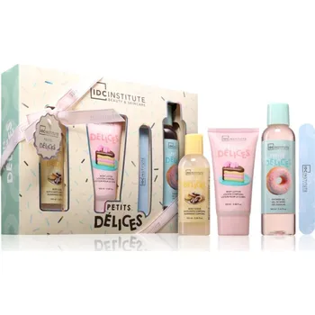 Kosmetická sada IDC INSTITUTE Délices sprchový gel 160 ml + tělové mléko 100 ml + tělový peeling 100 ml + pilník na nehty 1 ks kosmetická sada