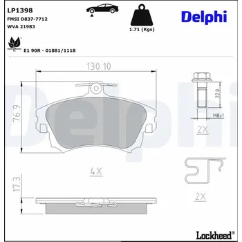 Brzdová destička Sada brzdových destiček, kotoučová brzda DELPHI LP1398
