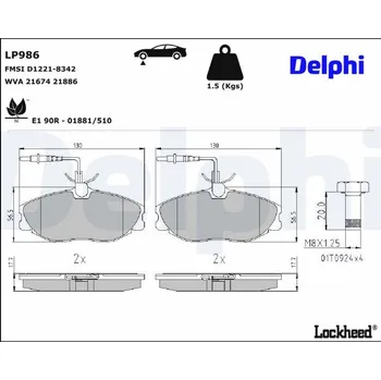 Brzdová destička Sada brzdových destiček, kotoučová brzda DELPHI LP986
