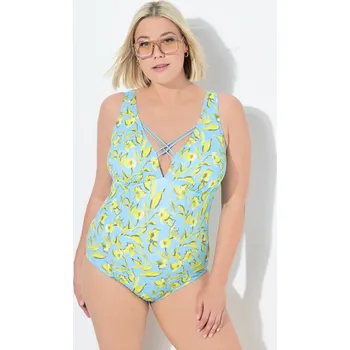 Dámské plavky Ulla Popken, Plus size Plavky, květy, měkké košíčky, ozdobné stuhy, recyklovaný materiál pro plnoštíhlé nadměrná velikost, 837616713-1014, tyrkysový, 56, Nadměrné velikosti, Plus size oblečení, Oblečení pro boubelky, Oblečení pro baculky, Oblečení pro pln