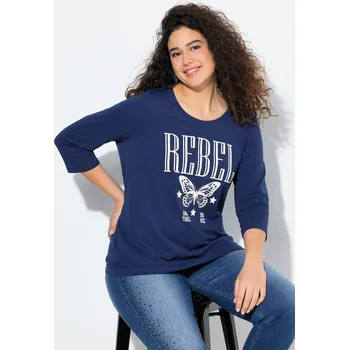 Dámské tričko Ulla Popken, Plus size Tričko, ozdobné kamínky, Classic, kulatý výstřih, 3/4 rukávy pro plnoštíhlé nadměrná velikost, 844688740-1130, modrý, 50/52, Nadměrné velikosti, Plus size oblečení, Oblečení pro boubelky, Oblečení pro baculky, Oblečení pro plnoštíhl