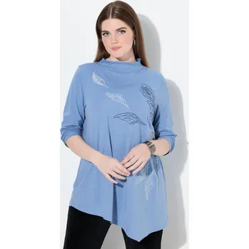 Dámské tričko Ulla Popken, Plus size Dlouhé tričko, výšivka, stojáček, dlouhé rukávy, biobavlna pro plnoštíhlé nadměrná velikost, 843313710-1131, modrý, 54/56, Nadměrné velikosti, Plus size oblečení, Oblečení pro boubelky, Oblečení pro baculky, Oblečení pro plnoštíhlé,