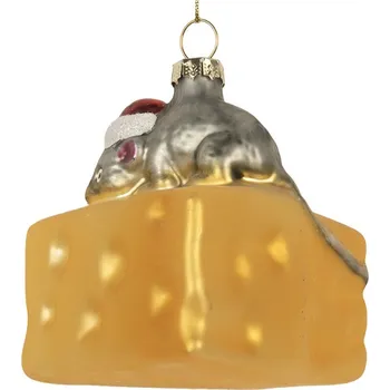 Vánoční ozdoba Vánoční skleněná závěsná ozdoba myška na sýru - 8*8*8 cm