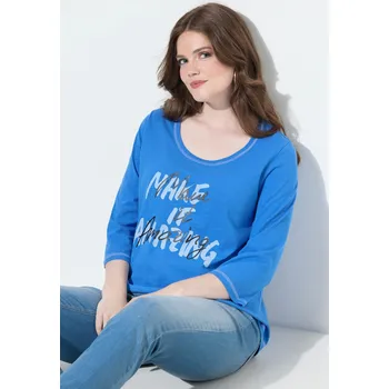 Dámské tričko Ulla Popken, Plus size Tričko, nápis, A střih, kulatý výstřih, 3/4 rukávy pro plnoštíhlé nadměrná velikost, 841541734-1128, modrý, 42/44, Nadměrné velikosti, Plus size oblečení, Oblečení pro boubelky, Oblečení pro baculky, Oblečení pro plnoštíhlé, Oblečen