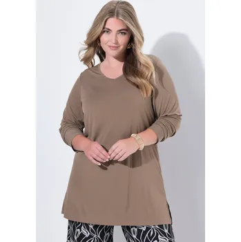Dámské tričko Ulla Popken, Plus size Dlouhé tričko, A střih, výstřih do V, dlouhé rukávy pro plnoštíhlé nadměrná velikost, 844641320-1131, hnědý, 54/56, Nadměrné velikosti, Plus size oblečení, Oblečení pro boubelky, Oblečení pro baculky, Oblečení pro plnoštíhlé, Obleče