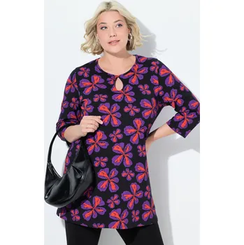 Dámské tričko Ulla Popken, Plus size Dlouhé tričko, květy, A střih, kulatý výstřih, 3/4 rukávy pro plnoštíhlé nadměrná velikost, 842487100-1129, černý, 46/48, Nadměrné velikosti, Plus size oblečení, Oblečení pro boubelky, Oblečení pro baculky, Oblečení pro plnoštíhlé,