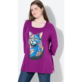 Dámské tričko Ulla Popken, Plus size Tričko, motiv zvířete, A střih, hranatý výstřih, 3/4 rukávy pro plnoštíhlé nadměrná velikost, 832002825-1130, nachový, 50/52, Nadměrné velikosti, Plus size oblečení, Oblečení pro boubelky, Oblečení pro baculky, Oblečení pro plnoštíh