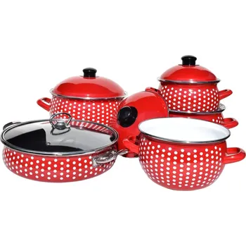 Hrnec Desetidílná souprava červeného nádobí s jemnými puntíky