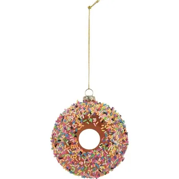 Vánoční ozdoba Vánoční skleněná závěsná ozdoba hnědý donut - Ø 10*4 cm