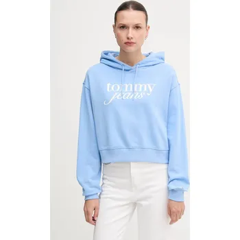 Dámská mikina Bavlněná mikina Tommy Jeans dámská, modrá barva, s kapucí, s potiskem, DW0DW20306 55X, vel. L