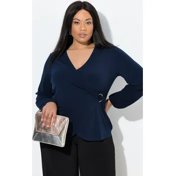 Dámské tričko Ulla Popken, Plus size Tričko, zavinvací vzhled, dlouhé rukávy, výstřih do V pro plnoštíhlé nadměrná velikost, 847430770-1013, modrý, 54, Nadměrné velikosti, Plus size oblečení, Oblečení pro boubelky, Oblečení pro baculky, Oblečení pro plnoštíhlé, Oblečen