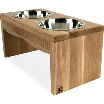 Miska pro psa Svět Tlapky Stojan na 2 misky pro psa NERO Dřevina nebo odstín: Buk (dřevo), Výška: 10cm (malé plemeno), Průměr miska (rozměr): miska 13cm (34 x 18cm)