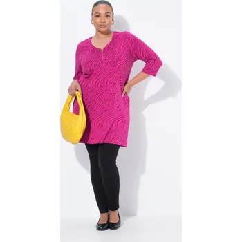 Dámské tričko Ulla Popken, Plus size Dlouhé tričko, zip, A střih, výstřih do V, 3/4 rukávy pro plnoštíhlé nadměrná velikost, 842724820-1129, růžový, 46/48, Nadměrné velikosti, Plus size oblečení, Oblečení pro boubelky, Oblečení pro baculky, Oblečení pro plnoštíhlé, Obl