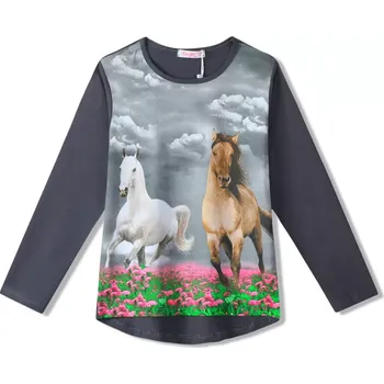 Dívčí tričko Dětské tričko KUGO koně DT9361 šedé vel.158