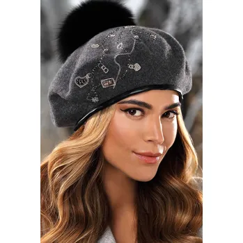 Čepice KRUMLOVANKA Dámská vlněná čepice s bambulí W-0581/844 tmavě šedý melange