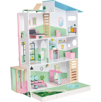 Domeček pro panenku Playtive Dřevěný domeček s vybavením a pohyblivým výtahem - 108x130x30 cm