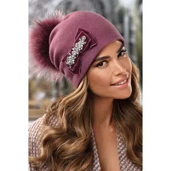 Čepice KRUMLOVANKA Zimní dámská čepice s bambulí a mašlí s bižuterií W-0711/506 starorůžová