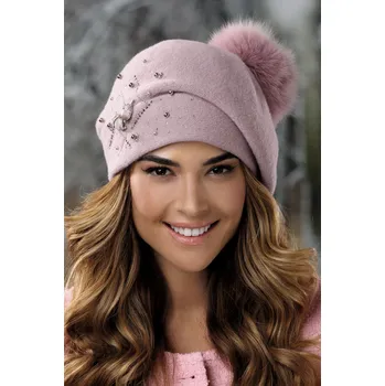 Čepice KRUMLOVANKA Světle starorůžový dámský baret - čepice s bambulí a aplikací z bižuterie W-0592/540