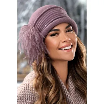 Čepice KRUMLOVANKA Dámská zimní čepice s aplikací peří W-0626/890 tmavě starorůžová