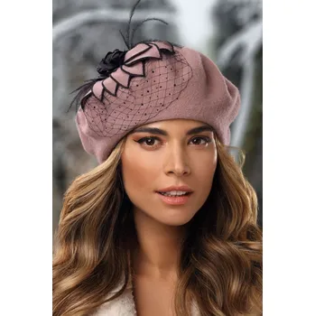 Čepice KRUMLOVANKA Dámská zimní čepice - baret s květem a síťkou W-0628/158 světle starorůžová