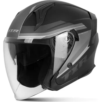 Helma na motorku TXR Otevřená helma na motorku City černo-šedo-bílá L (Polykarbonátová skořepina; mikrometrická přezka; sluneční clona; kompatibilita s brýlemi; prostor pro sluchátka komunikátoru; odnímatelný a pratelný interiér)