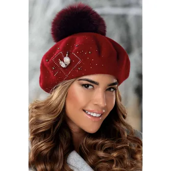 Čepice KRUMLOVANKA Vínový zimní baret s bambulí a zdobením W-0748/144