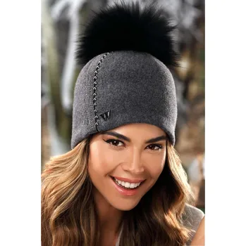 Čepice KRUMLOVANKA Zimní dámská čepice s bambulí a zdobením W-0752/844 tmavě šedý melange