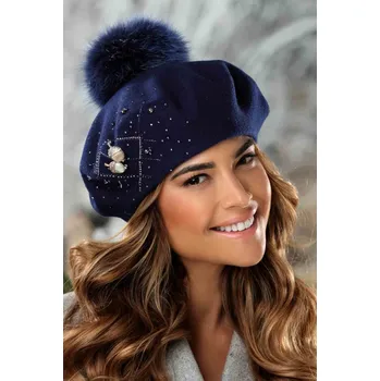 Čepice KRUMLOVANKA Modrý zimní baret s bambulí a zdobením W-0748/161 tmavě modrý