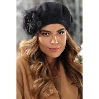 Čepice KRUMLOVANKA Zimní dámský baret se srstěnou ozdobou W-0758/693 antracitový melage