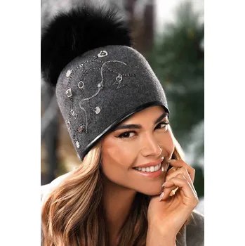 Čepice KRUMLOVANKA Dámská zimní čepice s bambulí a zdobením W-0627/844 antracitový melange