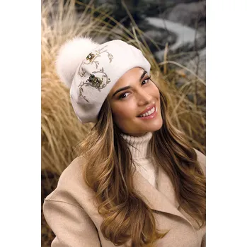 Čepice Krumlovanka Bílý luxusní baret s bambulí 100% vlna Woolmark W-0824/000