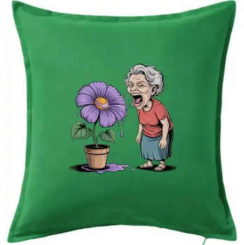 Polštář Stará paní plive na fialu - Polštář 50x50 - 50x50 - Včetně výplně ( Středně zelená )