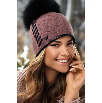 Čepice KRUMLOVANKA Zimní dámská čepice s bambulí zdobená páskem W-0732/780M světle starorůžový melange