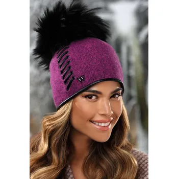 Čepice KRUMLOVANKA Zimní dámská čepice s bambulí zdobená páskem W-0732/440M fialový melange
