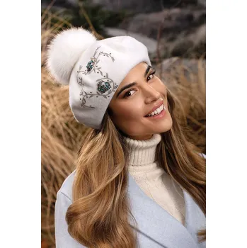 Čepice Krumlovanka Bílý baret s bambulí 100% vlna Woolmark W-0826/000