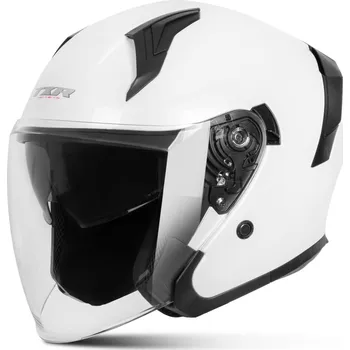 Helma na motorku TXR Otevřená helma na motorku City perleťově bílá XS (Polykarbonátová skořepina; mikrometrická přezka; sluneční clona; kompatibilita s brýlemi; prostor pro sluchátka komunikátoru; odnímatelný a pratelný interiér)