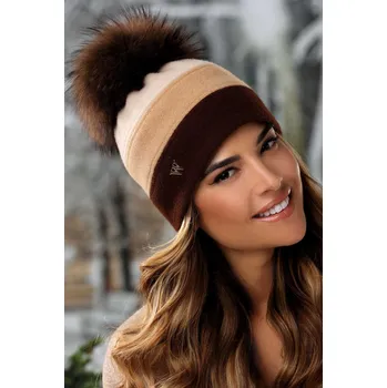 Čepice KRUMLOVANKA Tříbarevná zimní čepice s bambulí W-0642/857 hnědo-béžová