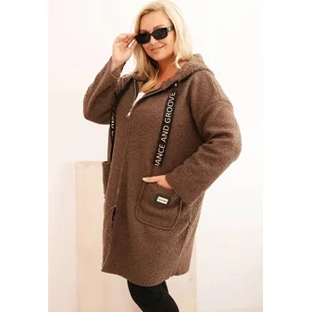 Dámský kabát Fashionweek Dámský kabát Plus Size z umělého beránka s kapucí a kapsami K5275 Barva: Mocca, Velikost: Universal