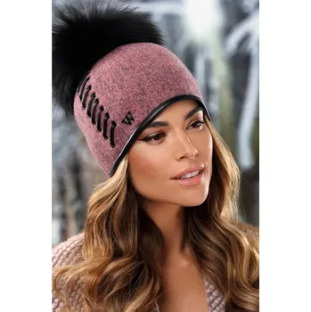 Čepice KRUMLOVANKA Zimní dámská čepice s bambulí zdobená páskem W-0732/242M růžový melange