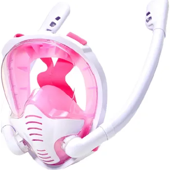 Celoobličejová maska na šnorchlování S/M s dvojitým šnorchlem, držákem na akční kameru, ventilem proti vniknutí vody a špunty do uší růžová