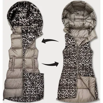 Dámská vesta Béžová hrubší oboustranná vesta s panteřím vzorem a s odepínací kapucí (T5-2602#-62) odstíny béžové L (40)