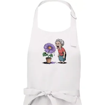 Kuchyňská zástěra Stará paní plive na fialu - Dámská zástěra na vaření - Univerzální velikost ( Bílá )