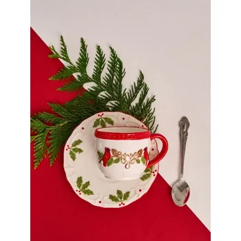 Sinsay - Vánoční keramický šálek s podšálkem s motivem kardinálů - bílá - 657GI-00X - 657GI-00X-ONE