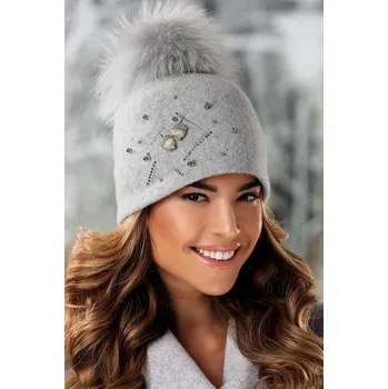 Čepice KRUMLOVANKA Světle šedá vlněná čepice s bambulí zdobená bižuterií W-0595/866