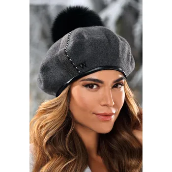 Čepice KRUMLOVANKA Zimní dámský baret s bambulí W-0683/844 antracitový melange