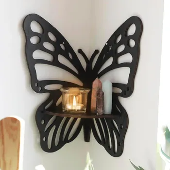 Drátěná police Dřevěná rohová polička motýl - černá