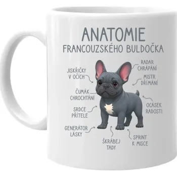 Žertovný předmět Anatomie francouzského buldočka - modrý - hrnek s potiskem- Tričkový.cz
